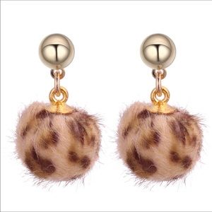 Faux Fur Leopard Pom Pom Earrings NWT